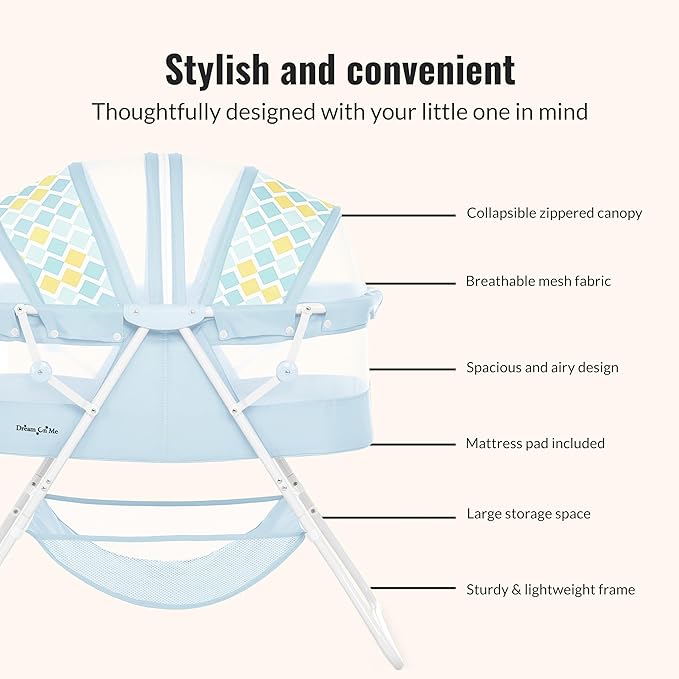 Dream On Me Karley Bassinet for Newborns, Award-Winning National Parenting & Mom’s Choice Winner, Portable Lightweight Bassinet with Adjustable Canopy, Dual-Sided Mattress & Storage Bag - Aqua