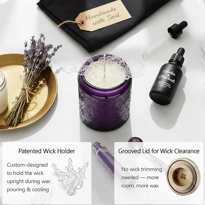 9-Pack 8oz Embossed Glass Candle Container with Bamboo Lids and Labels, Purple Candle Jars for Making Candles, Sun Moon Star Design