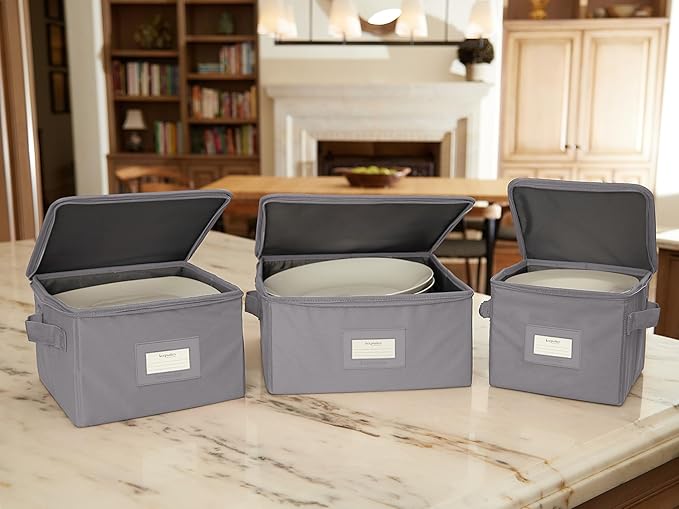 Covermates Dish Storage Box Set – China & Dinner Plate Storage Containers with Felt Dividers, Dual Zippers, Reinforced Handles, ID Window & Stackable Design, Graphite