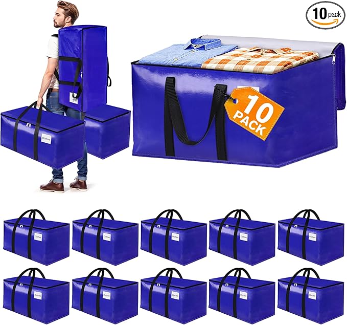 FabSpace 10-Pack Moving Bags with Backpack Straps & Carry Handles, 25 Gallons-93 L Heavy Duty Storage Totes for Space Saving, Foldable Storage Bags for College Dorm, Travel, Camping (Blue)