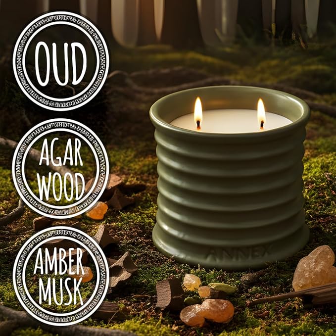 Annex Oud and Agarwood Luxury Scented Candle - 8oz Handmade Ceramic Jar Candle - 50hr Clean Burn, 100% Non-Toxic Soy Wax, Aesthetic Home Decor Winter Gift for Men and Women - Sandalwood & Amber
