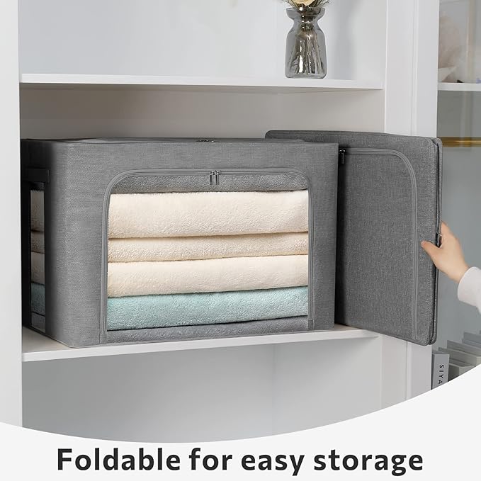 FHSQX 2 Pack Clear Window Storage Bins Large Foldable Fabric Storage Bins Boxes for Clothes Stackable Organizer Set with Carrying Handles19.7X 15.7X 12.6 Inches