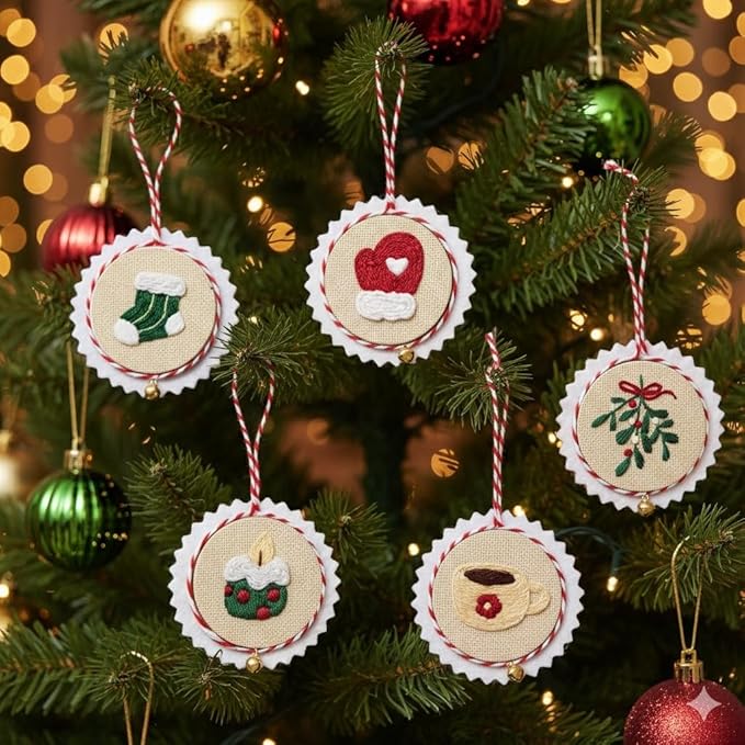 TenDawn Christmas Embroidery Ornament Kit, Set of 6 DIY Holiday Decorations – Santa, Tree, Stocking, Hot Cocoa, Candle & Gift Designs – Rustic Handmade Christmas Decor