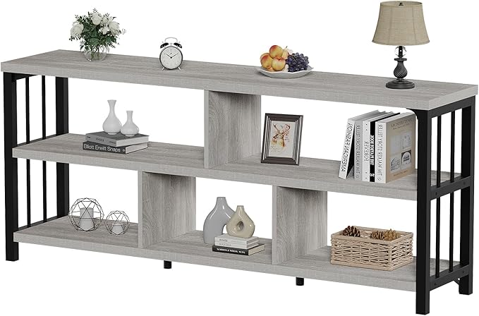 IBF Grey Bookshelf, Industrial 63” Long Open Book Shelf, Wide 5 Cube Gray Horizontal Bookcase for Home Bedroom, 3 Tier Wood Metal Low Cubby Storage Organizer Shelf for Living Room, Light Grey Oak