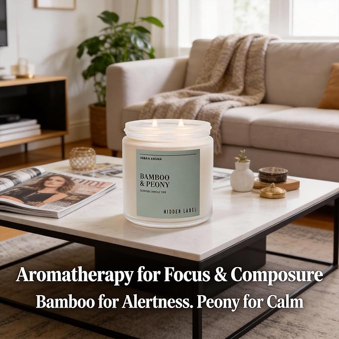 Bamboo & Peony Scented Candle,|12oz Natural Soy Candle, 70-Hour Clean Burning, Japandi Home Décor, Mindful Aromatherapy for Focus & Relaxation, Elegant Gift for Housewarming