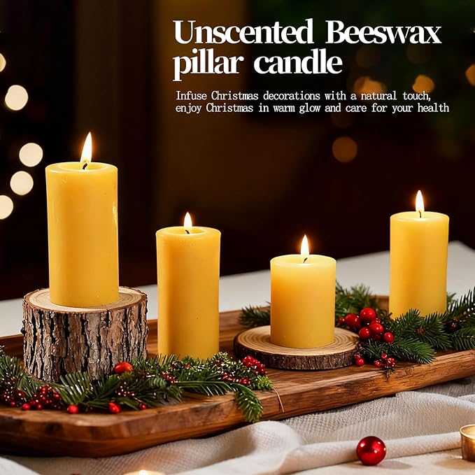 Beeswax Pillar Candles 4 Packs,100% Bees Wax Candles for Home-140 Hours Long Burning for Emergency, Natural Beeswax Candle Bulk for Relax, Pure,Smokeless & Dripless