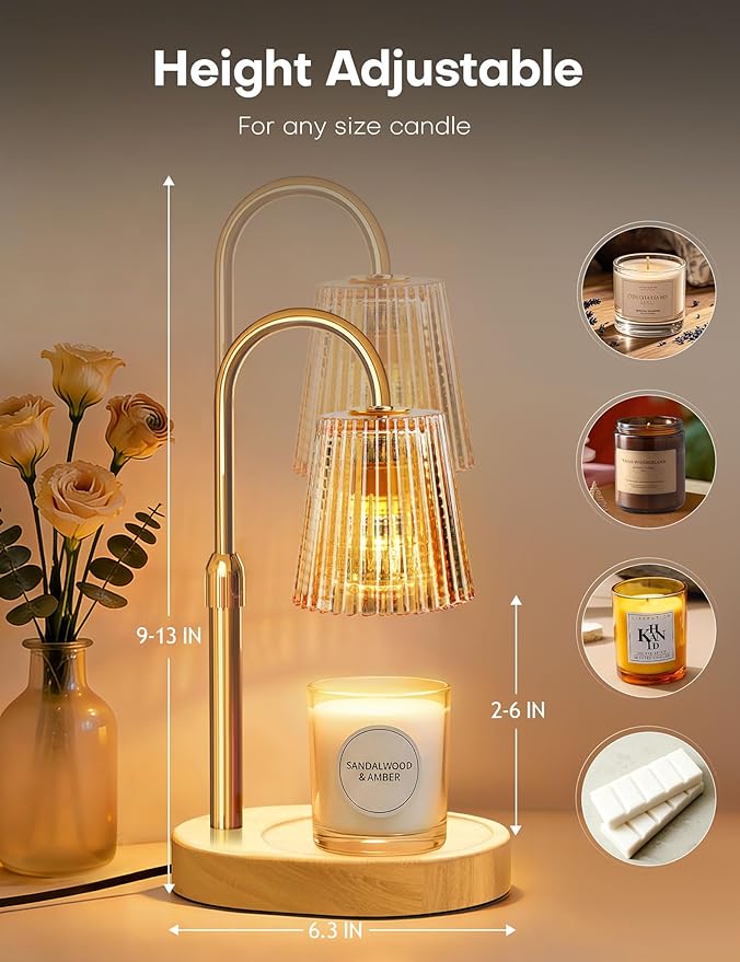 Candle Warmer Lamp with Timer Dimmer Adjustable Height, Electric Wax Melts Warmer for Jar Candles, Birthday Christmas House Warming Gifts for Women Mom, New Home Bedroom Decor with 2 Bulbs