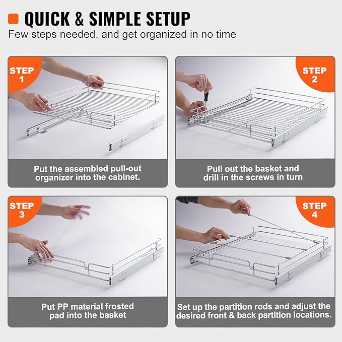 VEVOR 18.5"Wx21"Dx3.5"H Pull Out Cabinet Organizer, Heavy Duty Slide Out Pantry Shelves, Chrome-Plated Steel Roll Out Drawer, Drawer Storage for Home Under Sink, 20"Wx22"Dx7"H Install Size for Cabinet