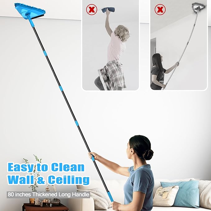 NEWE Wall Mop Cleaner with 80 Inch Long Handle, 180° Folding Ceiling Cleaner with Squeegee, Cabinet Cleaning Tool, Wall Scrubber, Triangle Baseboard Scrubber, 4 Chenille Duster & 2 Microfiber Pads