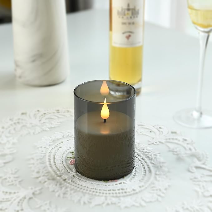 Flameless Flickering Candles, Non-breakable Battery Operated Candles, D 3" xH 4", Set of 2, Led Acrylic Grey Electric Pillars Candle with Remote and Timers for Wedding Party Romantic Decor