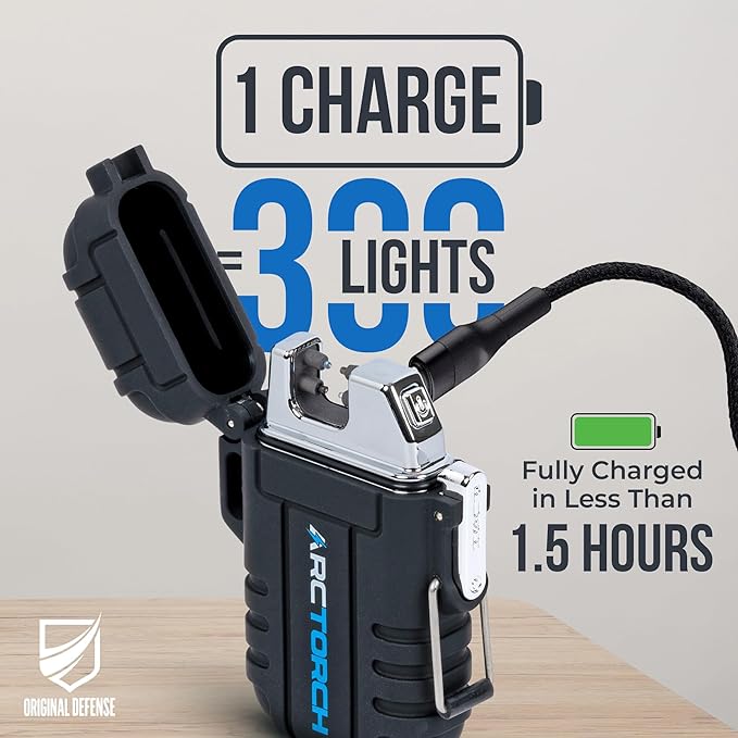 Original Defense ArcTorch Electric Lighter - Windproof, Waterproof, Flameless, Rechargeable Plasma Lighter with USB Charging for Hiking, Camping, Outdoor, Survival, Tactical, EDC Gear (Black)