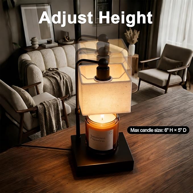 Candle Warmer Lamp with Timer, Dimmable, Adjustable Height, Modern Farmhouse Linen Shade, Black Candle Warming Lamp for Up to 6-Inch Jar Candles, 2 Bulbs Included