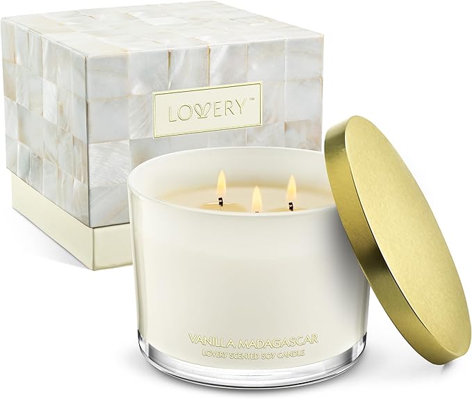 Luxury Vanilla Soy Candles, Large 3 Wick Jar Candle for Home Scented, Up to 50 Hours Burning Time, 100% Natural Soy Wax, Relaxing Aromatherapy Aesthetic Candle - Housewarming Gifts for Men & Women Set