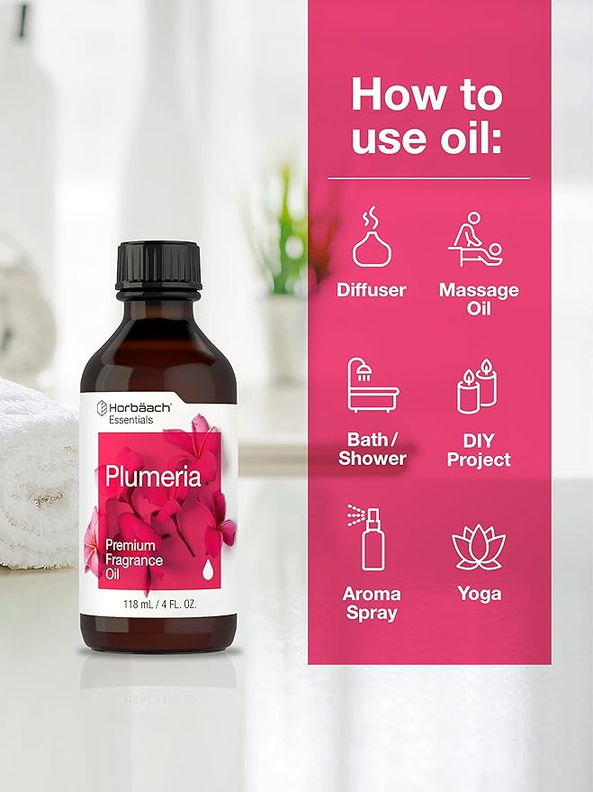 Horbäach Plumeria Fragrance Oil | 4 fl oz (118ml) | Premium Grade | for Diffusers, Candle and Soap Making, DIY Projects & More
