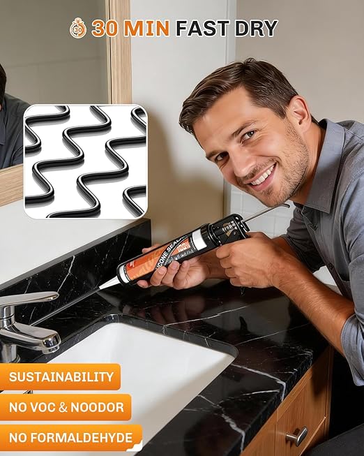 WELLUCK Black Silicone Caulk, 100% Waterproof Silicone Sealant Adhesive Caulking,for RV, Kitchen,Bathroom, Window, Door, Glass, Auto Leak Sealing 10.2FL.OZ/300ML（4 Pack）