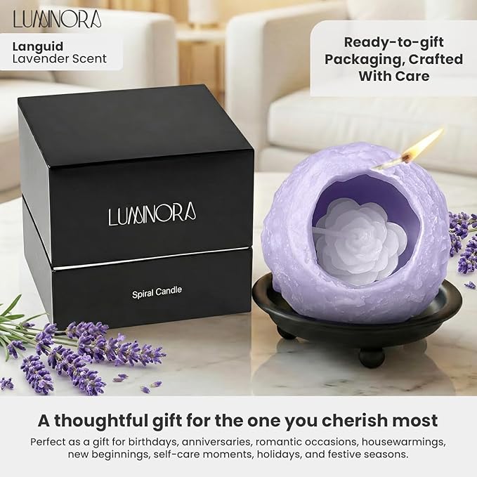 LUMINORA Spiral Scented Candle for Women & Men | Hand-Crafted Decorative Soy Wax Candle | Decor Wick Flower | Unique Twisted Spiral Burn Design | Aromatherapy Candle | Languid | (Lavender Scent)