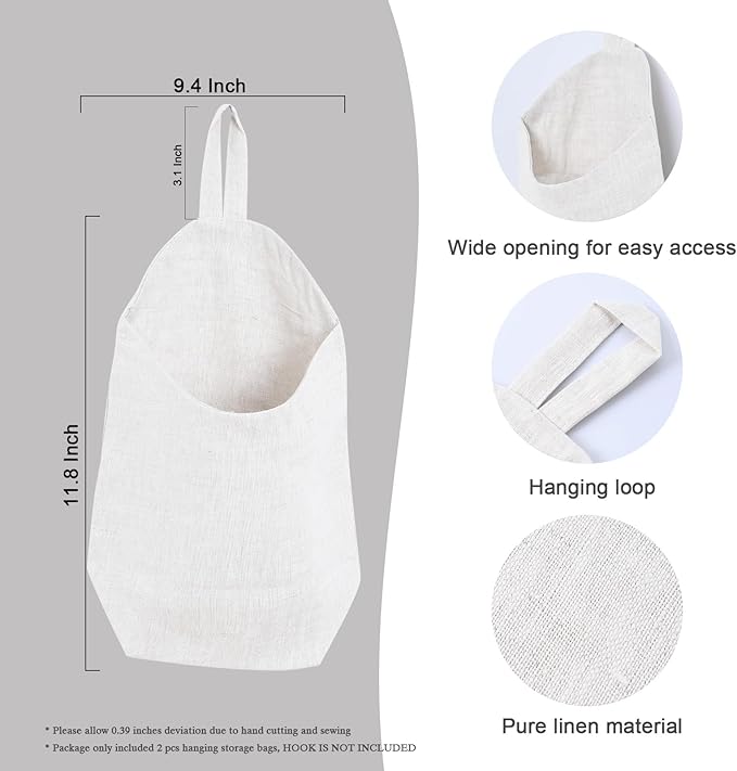 100% Linen Hanging Storage Bags Baskets 2 Pcs, Small Wall Storage Bag for Kitchen, Bedroom, RV Camper Organizer, Sewing Room, Nursery Storage, Kids Room (White)