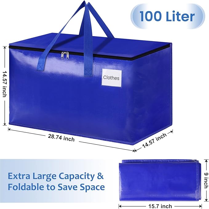 Moving Bags, Storage Bags with Sturdy Handles and Heavy Duty Zippers, Storage Totes for Space Saving, Moving & Storage, Collapsible Moving Supplies(100L, 2-Pack, Blue)