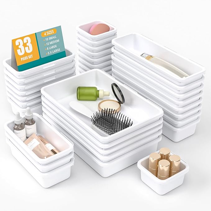 33 PCS Drawer Organizer Set, 4 Size Makeup Drawer Divider Organizer With Non-Slip Pads, Interlocking Plastic Storage Bins for Office,Jewelry Vanity,Gadgets, Bathroom,Kitchen, White