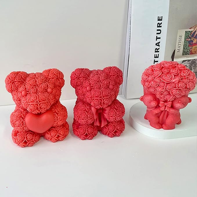 ZAKVOOR Rose Bear Shape Candle Mold Valentine's Day Resin Casting Silicone Mold for DIY Aromatherapy Candles Wax Plaster Polymer Clay Decoration