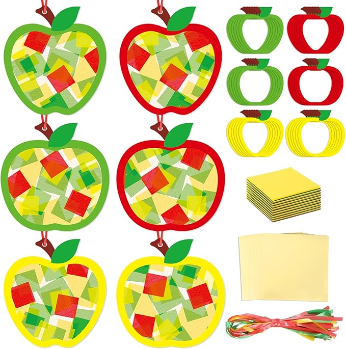 Qyeahkj 36 Set Thanksgiving Apple Suncatchers Crafts for DIY Autumn Window Tissue Paper Craft Kit Hanging Decor for Home Activity Art Project Birthday Party Favor Gift
