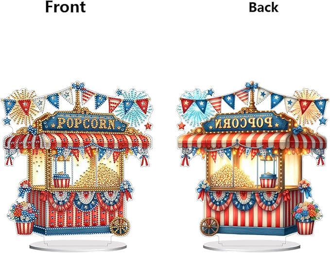 ARTopet DIY Diamond Desktop Ornament US Independence Day Special Shaped Crystal Double Sided Pattern Single Sided Diamond Art Painting Tabletop Home Ornaments Decor-Popcorn Stand