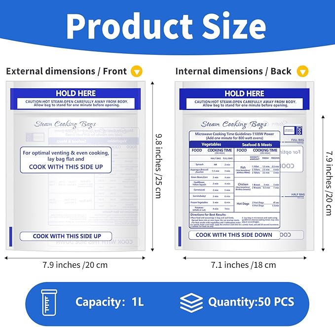 50 Pcs Zipper Steam Bags Reusable Microwave Steamer Cooking Bags Frozen Food Microwave Steam Bag for Vegetables Potatoes Meat (50)