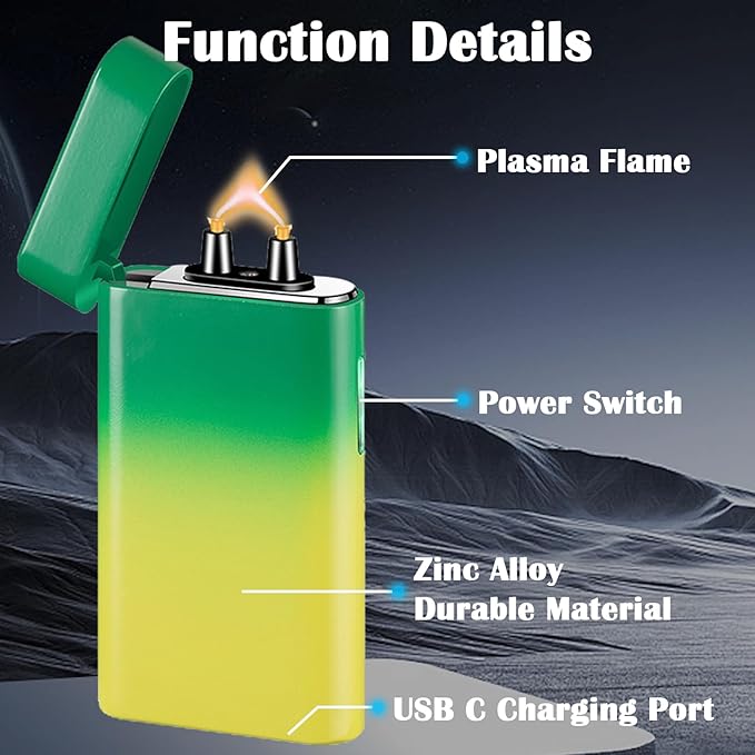 Electric Lighter Rechargeable Arc Lighter USB C Electronic Plasma Lighters Metal Chargeable Lighters with LED Dazzling Power Display Design for Outdoor, Camping, BBQ (YellowGreen)