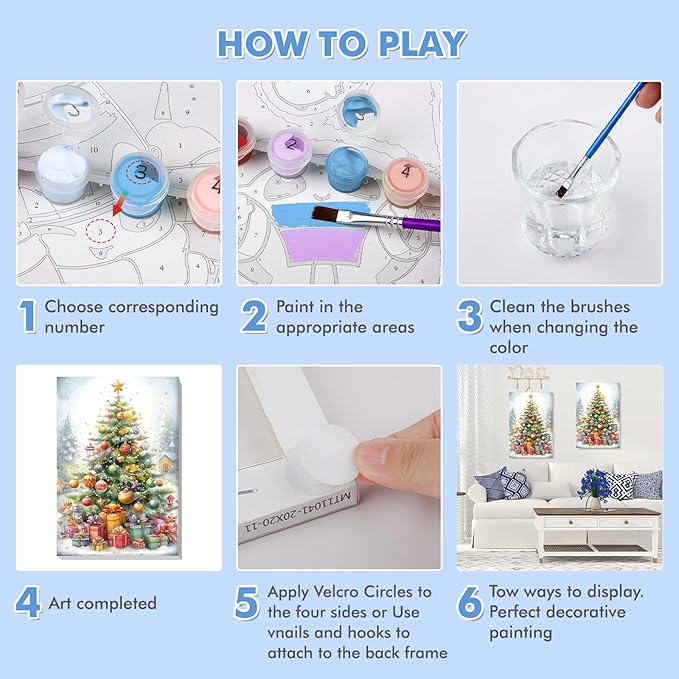 Bowetile Christmas Tree Paint by Numbers for Adults Beginners Framed, Adults' Paint-by-Number Christmas Kits on Canvas, Acrylic Number Painting Christmas Gifts for Home Decor, 8x12in