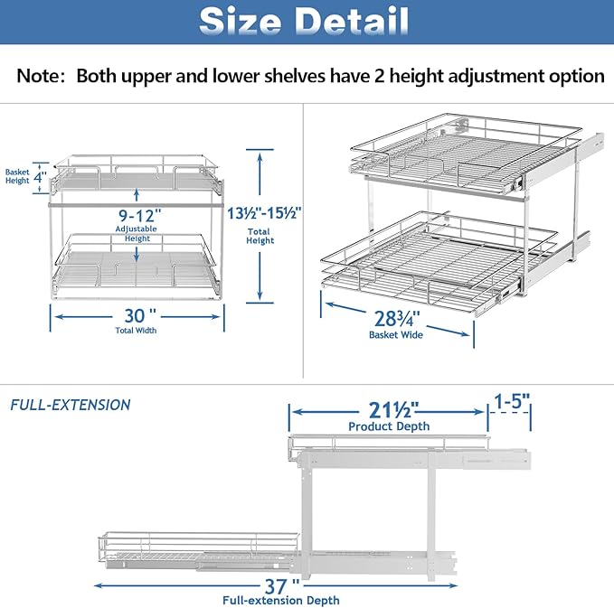 ROOMTEC Individual Pull Out Cabinet Organizer (30" W x 21½" D), 2 Tier Spice Rack Organizer for Cabinet, Slide Out Drawer Pantry Shelf Organization and Storage for Kitchen Bathroom