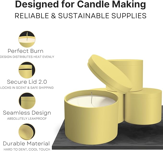 True Candle Tins for Making Candles - 24 Pack of 4 oz Black Candle Containers Bulk 4oz - Empty tins with lids for Candles - Premium Metal Jars, DIY Vessels | Painted Outside and Inside | Yellow