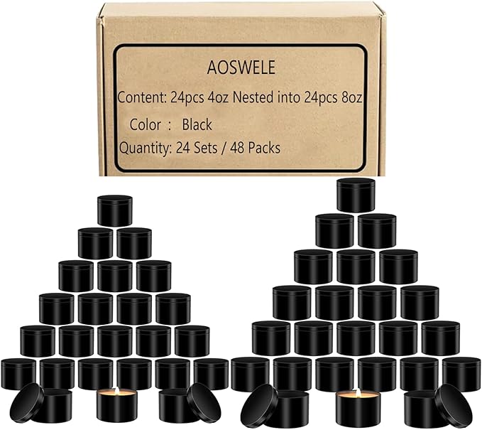 AOSWELE 48 PCS Candle Jars Bulk, 24 PCS 4 OZ & 24 PCS 8 OZ, Premium Empty Matte Black Candle Tins with Lids, Container Tin Can for Making Candles, DIY Vessel Candle Making Supplies Kit (Black)