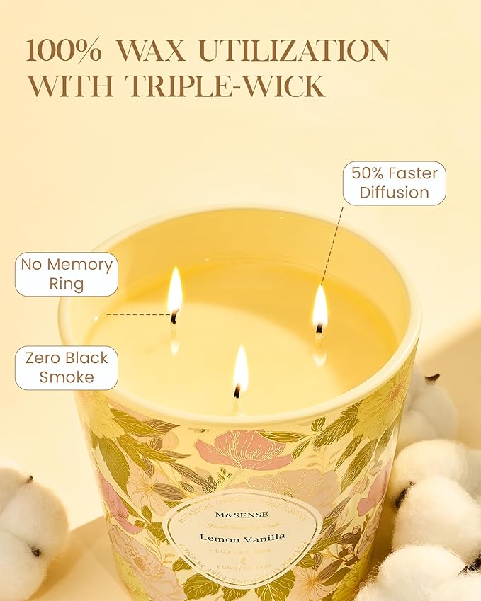 M&SENSE Lemon Vanilla Scented Candle, 28.2oz 3 Wick Natural Soy Wax Large Candles, Long Lasting Clean Slow Burning No Toxic Décor for Home Relaxation, Romantic Dates & Gift-Giving