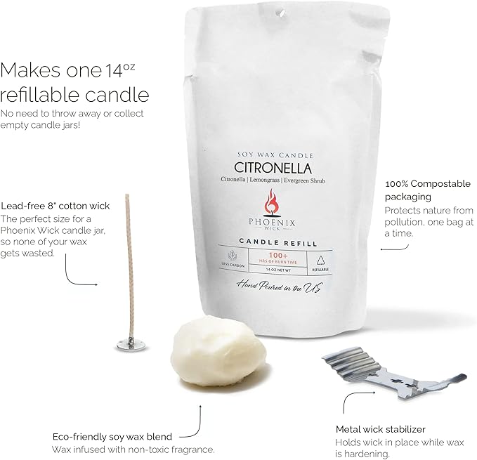 Phoenix Wick Candle Making Kit – Transform Anything Into A Candle – Candle Making Kit with Wick + 14oz Wax (Citronella Scent)