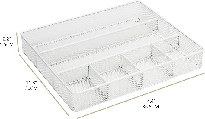 Annova Desk Top Organizer Tray for Office Organization - Metal Mesh - Storage Tray with Dividers for Pens, Desktop Accessories, Bathroom, Kitchen, Makeup and Office Supplies (Large, White)