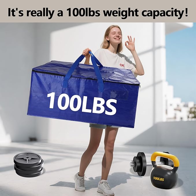 12 Pack Waterproof Moving Bags with Strong Zippers and Reinforced Handles, Real 100lb Capacity Extra Heavy Duty Large Storage Totes for Packing & Moving Storing, Alternative to Moving Boxes -95L,Blue