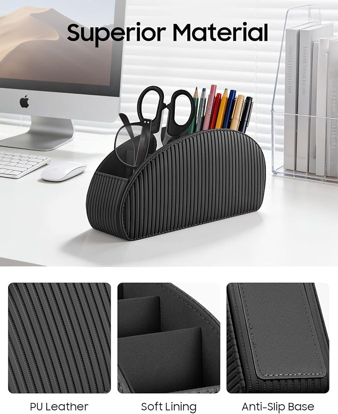SITHON Remote Control Holder with 5 Compartments - PU Leather Remote Caddy Desktop Organizer Store TV, DVD, Blu-Ray, Media Player, Heater Controllers, Stripe Black