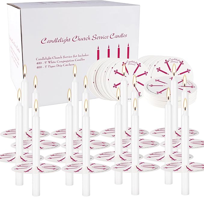 400Packs White Taper Candles, Unscented, with Paper Holder, Halloween, Shabbat, Vigil, Prayer Candles, Large Event Handheld Taper Candles Perfect Size.