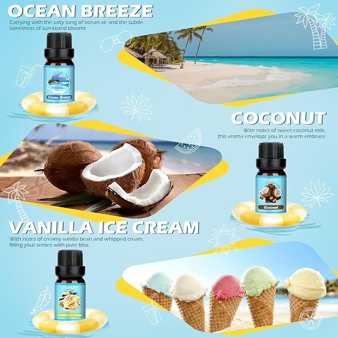 WUSEONY Summer Fragrance Oils Set, Premium Essential Oils for Diffuser, Natural Aromatherapy Oils for Soap Candle Making - Ocean Breeze, Coconut, Pina Colada, Watermelon, Vanilla Ice Cream, Aqua Kiss