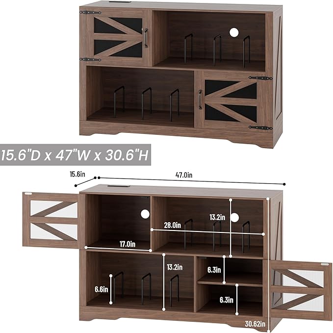 Large Record Player Stand with Vinyl Storage, 500+ Vinyl Record Storage Cabinet, 47 Inch Record Player Table with Power Outlet, Farmhouse Wooden Turntable Stand for Living Room, Walnut