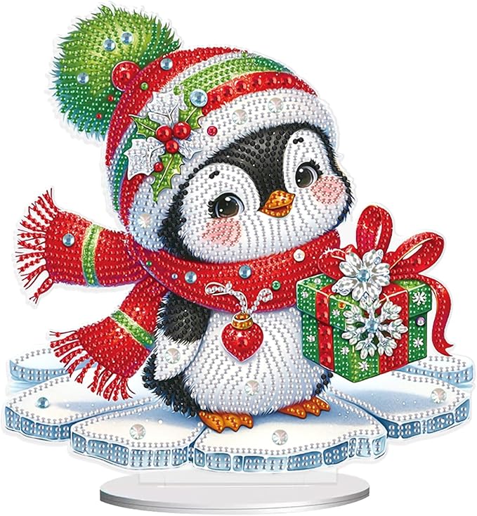5D Diamond Art Ornament Kits Christmas Penguin, DIY Diamond Painting Desktop Ornaments, Special Shaped Crystal Rhinestone Diamond Art Table Top Home Office Christmas Decor (24x24.7cm)