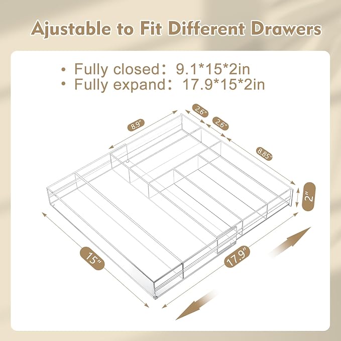 Briwooody 2 Pcs Acrylic Drawer Organizer 9'' up to 18'' x 15'' x 2'' Expandable Drawer Organizer Pens Notebook Ruler Makeup Tray with 7 Adjustable Compartments for Desk Office Kitchen Bathroom(Clear)