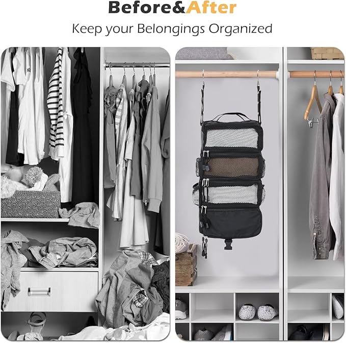 TABITORA Travel Luggage Organizer Hanging Packing Cubes Portable Hanging Shelves Carry on Closet for Suitcase with 2 Hooks,Collapsible(Black,S)
