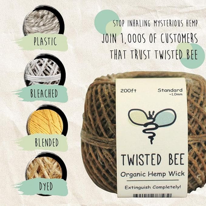 100% Organic Hemp Wick with Natural Beeswax Coating, Twisted Bee (6.5ft x Standard (~1 mm))