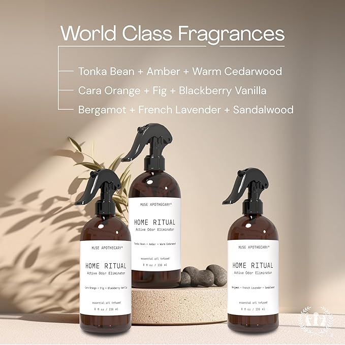 Muse Apothecary Home Ritual Active Odor Eliminator Spray - Furniture Deodorizer Spray & Bathroom Odor Eliminator for Home - Essential Oil Air Freshener - 8oz, Tonka Bean + Amber + Warm Cedarwood