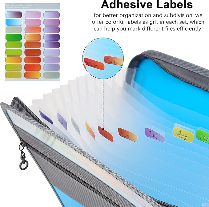 NAFY Expanding File Folders, 2Pack, 13 Pockets, A4 Letter Size, Portable Accordion, Zipper, Multicolor Labels, Office School Supplies, Black+Blue