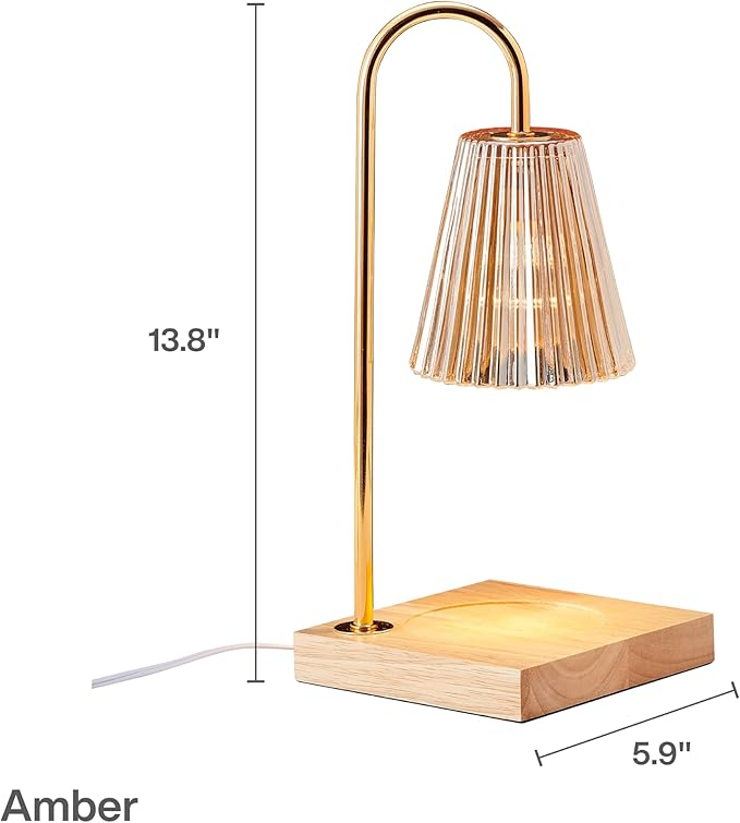 Mikasa Electric Candle Warmer with Amber Glass Shade - 13.8 Inch Lamp Warmer with Wooden Base, 50 Watt Halogen Bulb Included, Dimmer Switch, Safe Flameless Fragrance for Home Décor