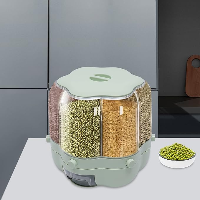 6 Grid Grain Storage Container 17.63Lbs Food Dispenser 360° Rotating Dry Grain and Rice Cereal Dispenser with Lid Rices Dispenser Rotating for Store Rice, Red Beans, Yellow Beans