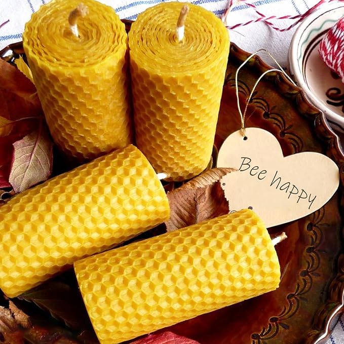 Beeswax Sheets for Candle Making, 30Pcs DIY Beeswax Candles Rolling Kit for Kids & Adults, Natural Honeycomb Sheets (8 x 8 Inch) with Cotton Wick, Bee Ornaments, Lace Ribbon and Hemp Rope