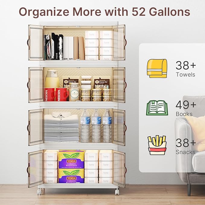UAMFURI Stackable Storage Bins with Lids, 192QT Closet Organizers, Lockable Storage Cabinet，Foldable Storage Box with Doors and Wheels, Plastic Drawers for Home, Garage, Office (4, White, Medium)